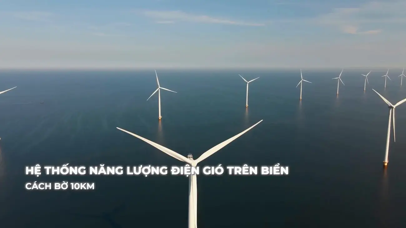 Hệ thống điện gió ngoài khơi tại Vinhomes Green Paradise, cung cấp điện sạch và khẳng định cam kết Net Zero Carbon.