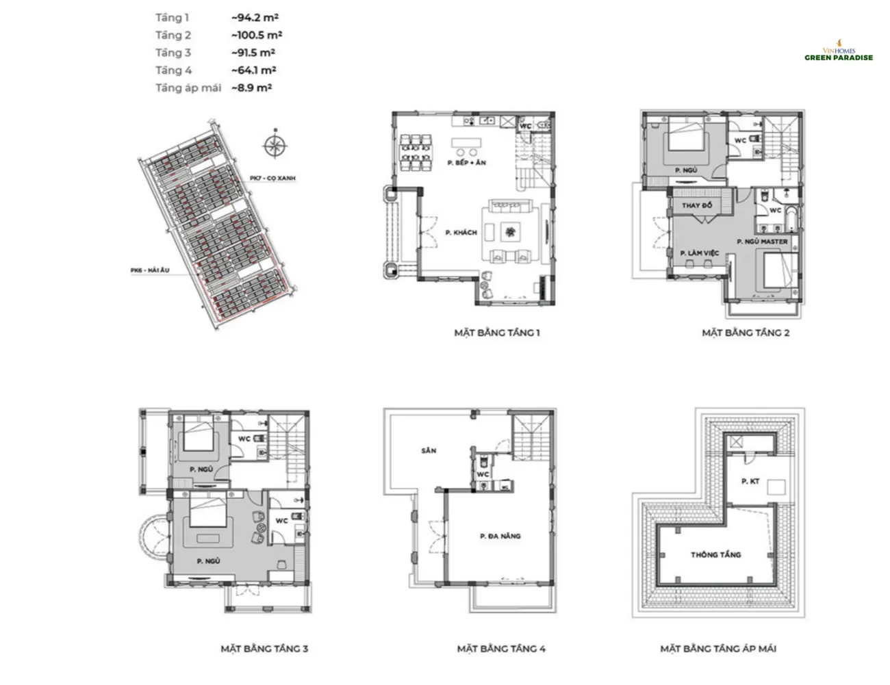Mặt bằng chi tiết các tầng của biệt thự đơn lập Vinhomes Green Paradise – Thiết kế tinh tế, tiện nghi.