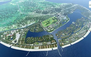 Phối cảnh tổng thể dự án Vinhomes Green Paradise với ba mặt giáp biển, một mặt giáp rừng ngập mặn.