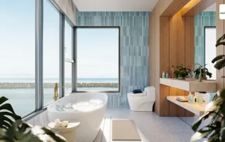 Phòng tắm căn hộ Vinhomes Green Paradise với thiết kế hiện đại, tầm nhìn hướng biển thoáng đãng.