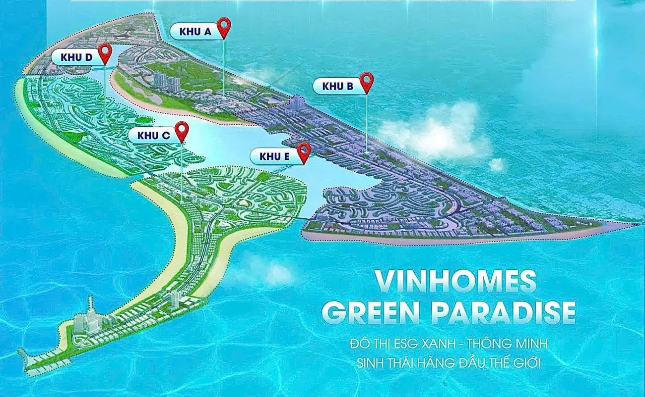 Toàn cảnh dự án Vinhomes Green Paradise Cần Giờ với các phân khu tiêu biểu A, B, C, D và E.