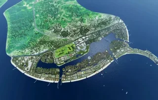 Toàn cảnh dự án Vinhomes Green Paradise với hồ nước mặn nhân tạo Paradise Lagoon rộng 443ha, biểu tượng nghỉ dưỡng mới tại Cần Giờ.