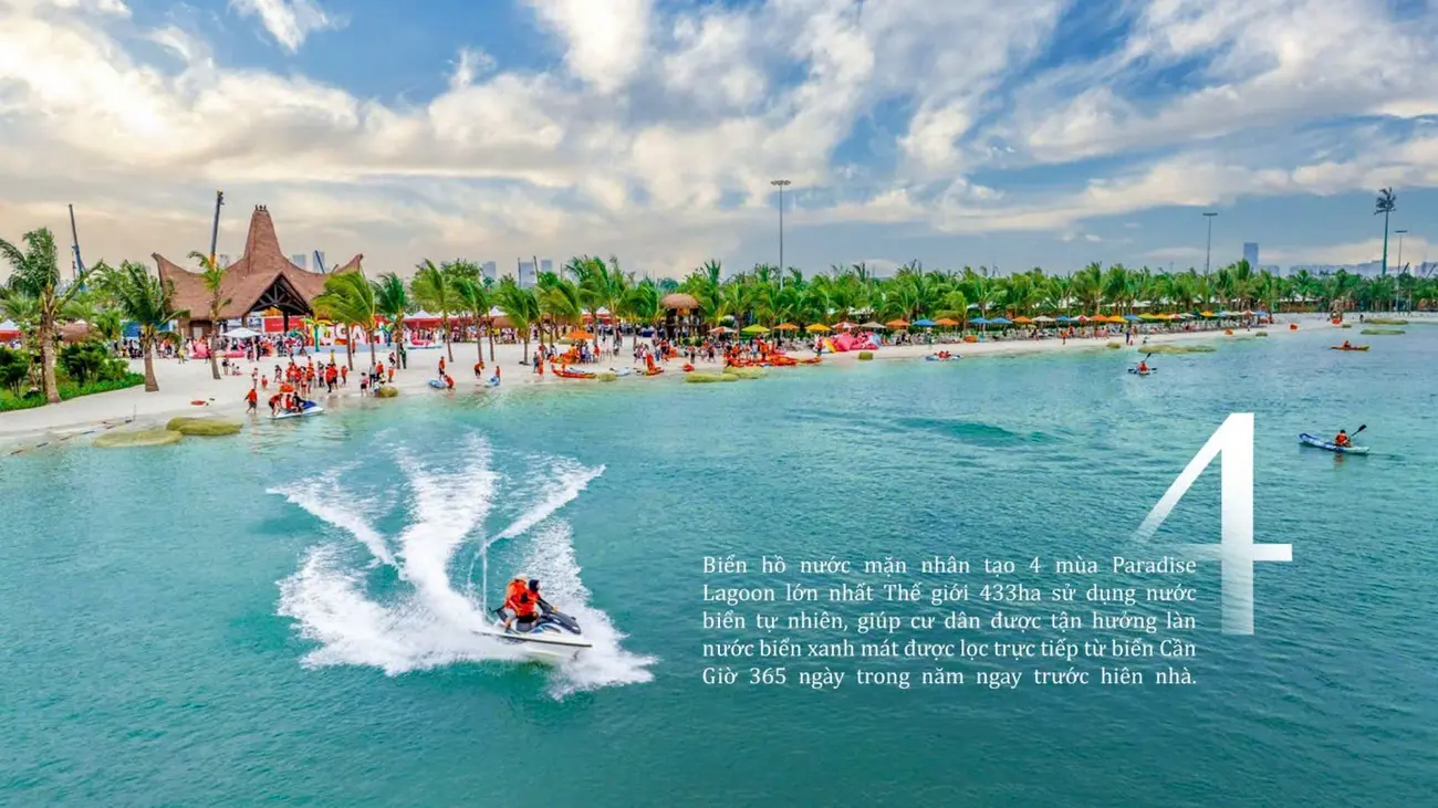 Biển hồ nước mặn Paradise Lagoon 433ha tại Vinhomes Green Paradise Cần Giờ mang lại không gian sống xanh mát quanh năm.