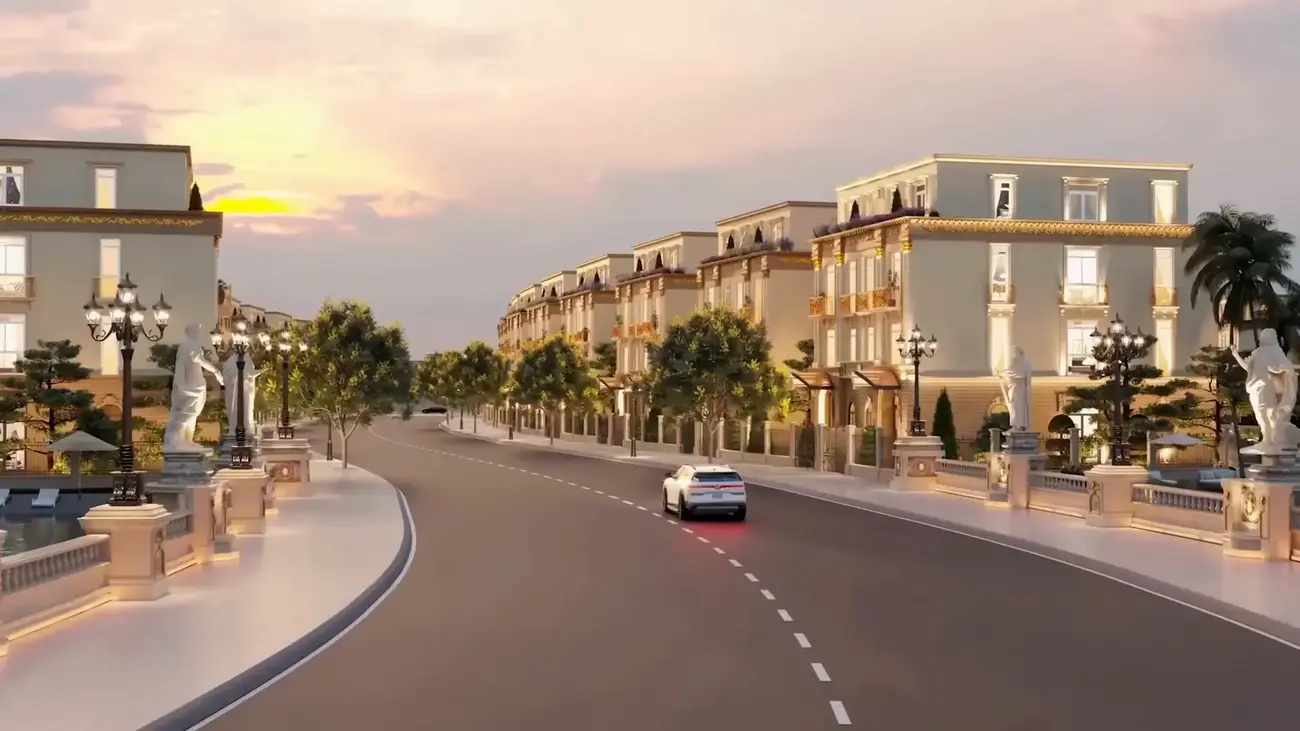 Đại lộ trung tâm tại Vinhomes Green Paradise Cần Giờ, với các căn nhà liền kề hiện đại, tiện nghi.