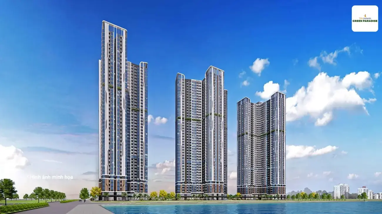 Phối cảnh các tòa căn hộ Vinhomes Green Paradise – thiết kế hiện đại, đẳng cấp ven biển.
