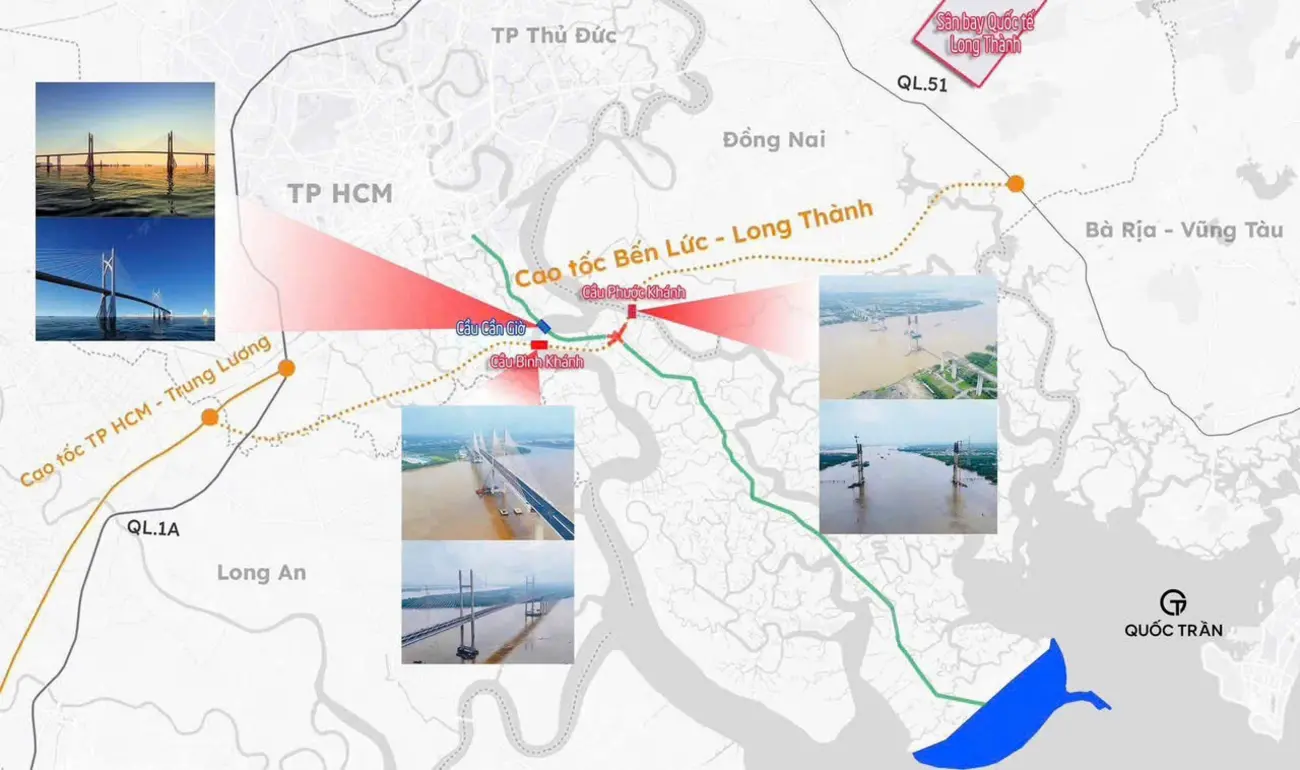 Sơ đồ hạ tầng kết nối khu vực Cần Giờ – Vũng Tàu, bao gồm cầu và cao tốc chiến lược.